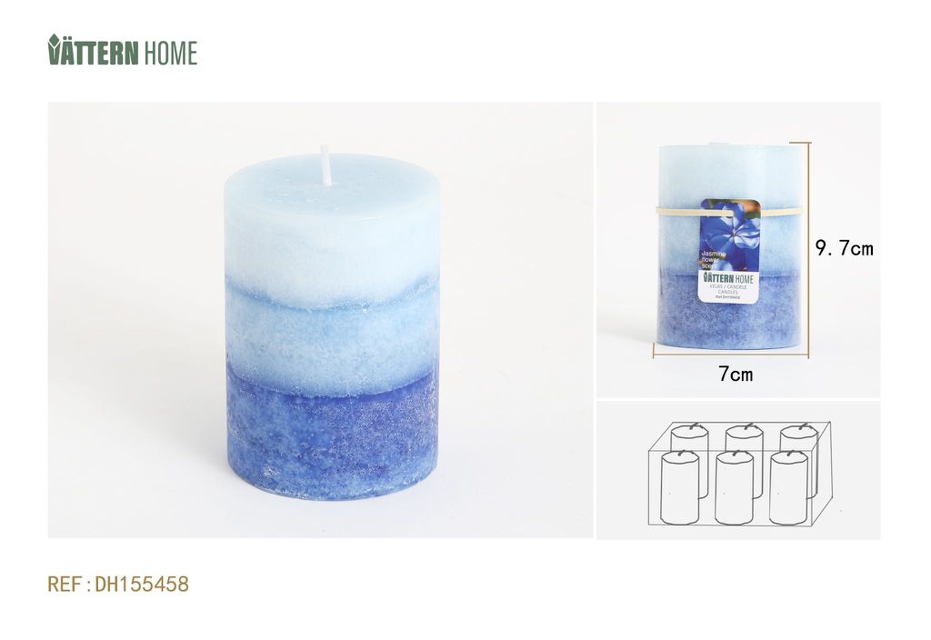 Vela de tres colores en forma de pilar de 7 x 9,7 cm con aroma a jazmín (azul) que dura 40 horas