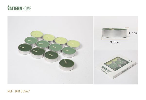12 paquetes de velas de té de colores mezclados de 3,8 x 1,1 cm con sabor a manzana de parafina (verde) que arden durante 4 horas