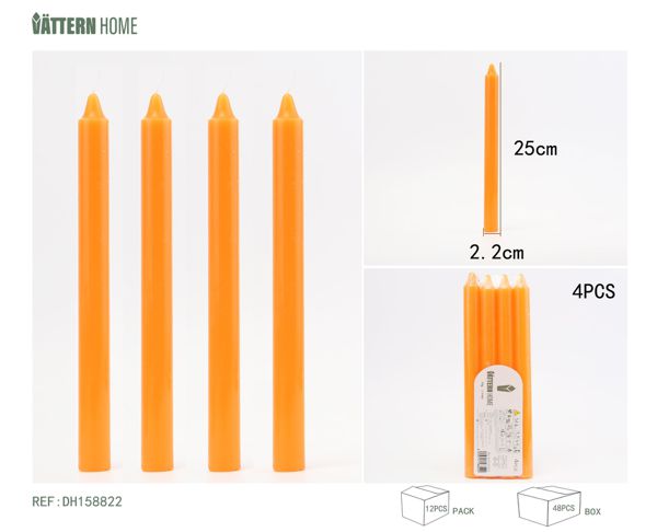 4 sticks of candle 2.2*25CM, paraffin orange, burning time +11 hours, no sound and no odor, suitable for any occasion