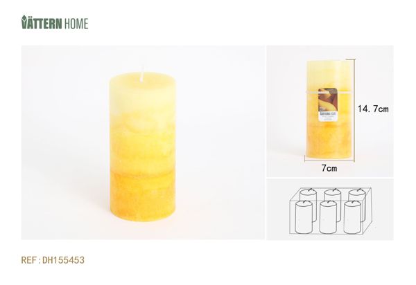 Vela de tres colores en forma de pilar de 7 x 14,7 cm con sabor a mango de parafina (amarillo) que dura 65 horas