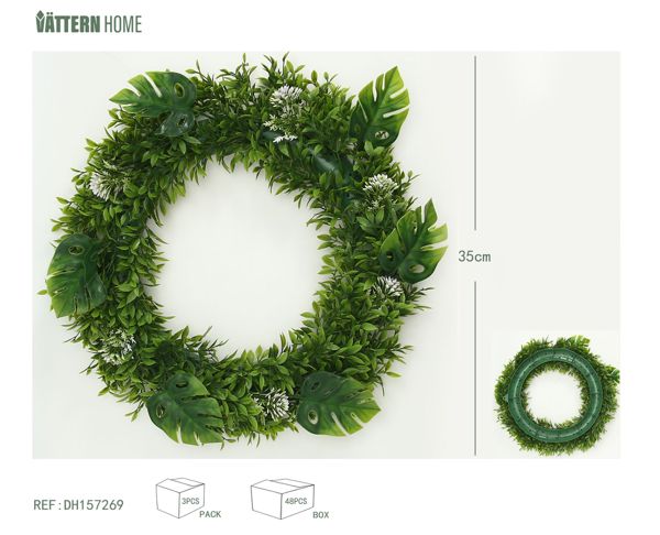 Anillo de césped de 35 cm de plástico verde + blanco, simulación de flores decorativas, hermosa colocación de poliéster para interiores, techos y otras escenas.