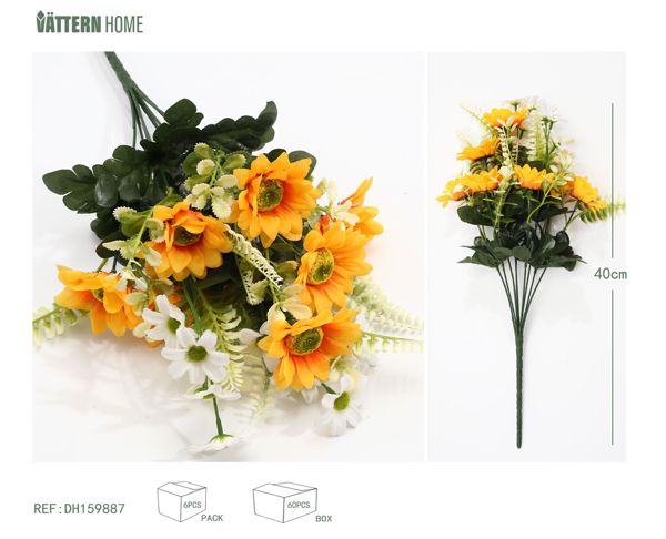 Girasol de 9 puntas más pequeño crisantemo silvestre 40CM amarillo + blanco poliéster de seda, plástico, flores de barrido de tumba de simulación de hierro, sin necesidad de cuidados, capas ricas, conveniente y hermoso