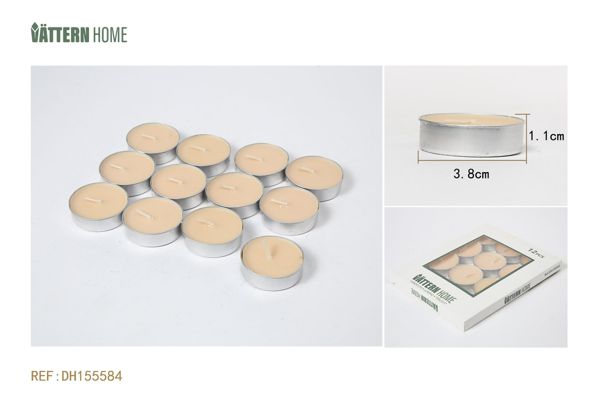 Paquete de 12 velas de té de 3,8 x 1,1 cm con parafina y sabor a vainilla (color champán) que duran 4 horas