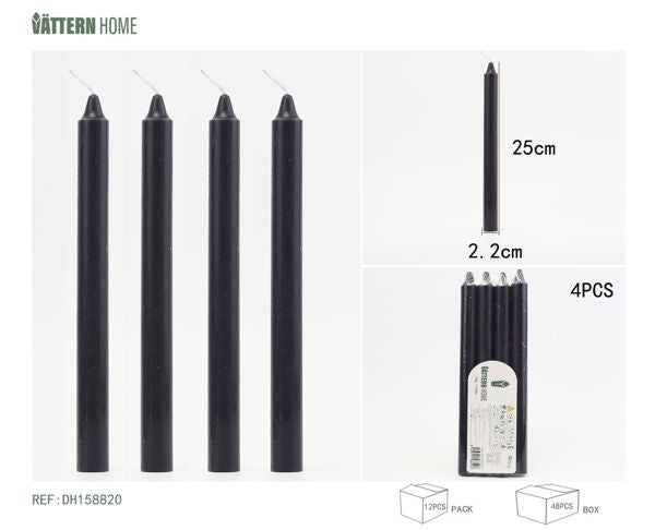 4 sticks of wax 2.2*25CM, paraffin black, burning time +11 hours, no sound and no odor, suitable for any occasion