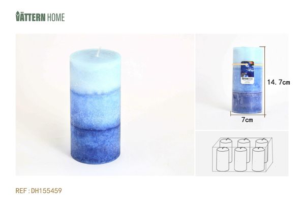 Vela de tres colores en forma de pilar de 7 x 14,7 cm con aroma a jazmín (azul) que dura 65 horas