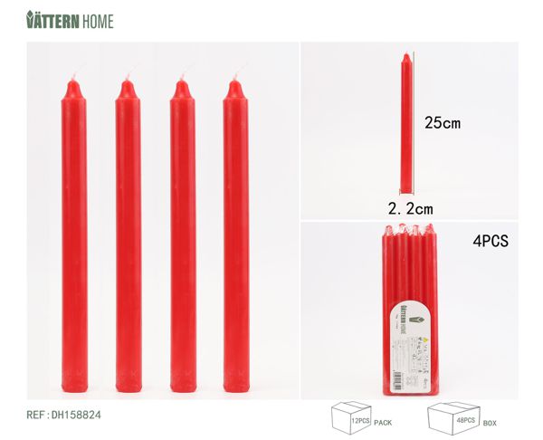 4 sticks of candle 2.2*25CM, paraffin red, burning time +11 hours, no sound and no odor, suitable for any occasion
