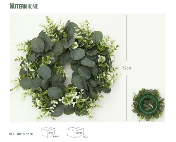 Anillo de césped de 32 cm de plástico verde + blanco, simulación de flores decorativas, interior, techo y otras escenas, hermoso poliéster