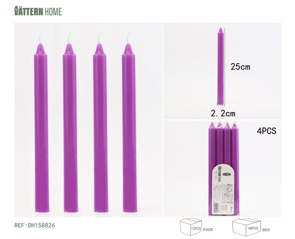 4 sticks of candles 2.2*25CM, paraffin purple, burning time +11 hours, no sound and no odor, suitable for any occasion