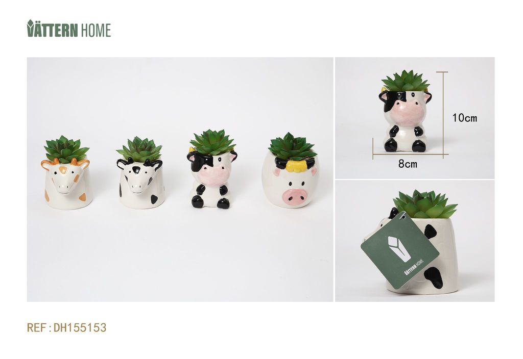 Paquete de cuatro macetas artificiales de cerámica de la serie Cow de 8 x 10 cm