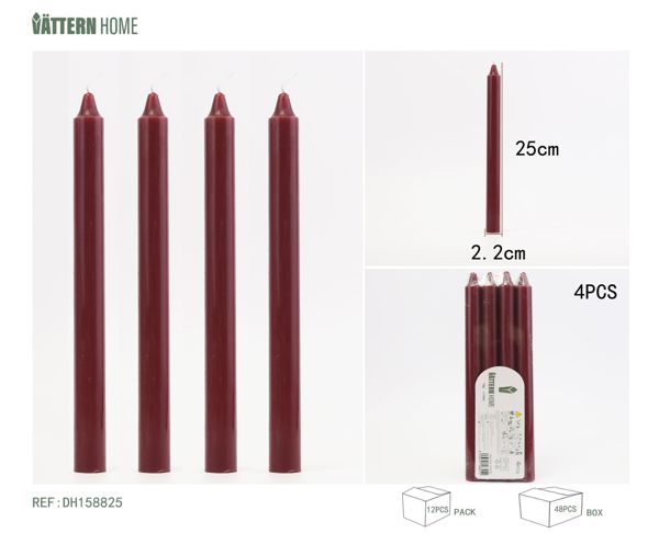 4 sticks of candles 2.2*25CM, paraffin wine red, burning time ±11 hours, no fragrance, no odor, suitable for any occasion