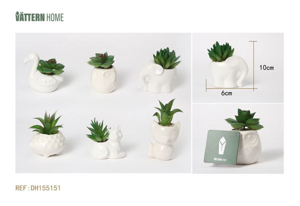 Paquete de 6 plantas artificiales de cerámica con forma de animal, diversas plantas verdes en macetas, 6 x 10 cm