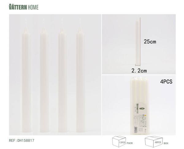 4 sticks of wax 2.2*25CM, paraffin white, burning time +11 hours, no sound and no odor, suitable for any occasion