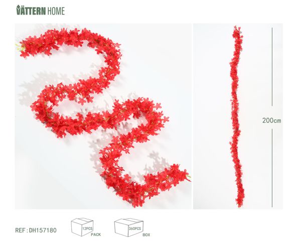 Caña de vid lila 200CM plástico (PE) + poliéster de seda (poliéster), el patrón de flores rojas es completo y rico, rico en capas, clásico y versátil.