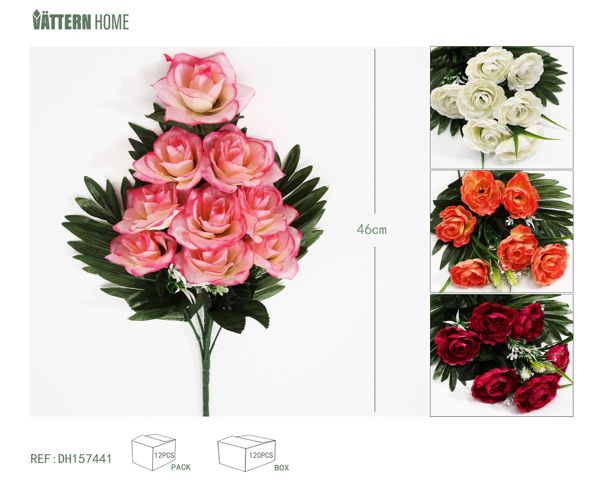 Camelia en forma de abanico de 7 cabezas, 46 cm, color naranja salmón, amarillo claro, rojo rosa intenso, blanco lechoso, poliéster, plástico + alambre