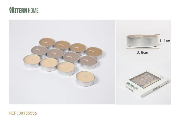 12 paquetes de velas de té de colores mezclados de 3,8 x 1,1 cm con sabor a vainilla y parafina (color nude) que duran 4 horas