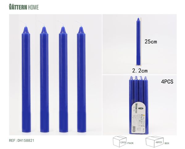 4 sticks of candle 2.2*25CM, paraffin blue, burning time +11 hours, no sound and no odor, suitable for any occasion