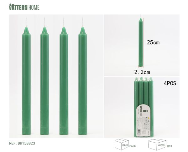 4 sticks of wax 2.2*25CM, paraffin green, burning time +11 hours, no sound and no odor, suitable for any occasion