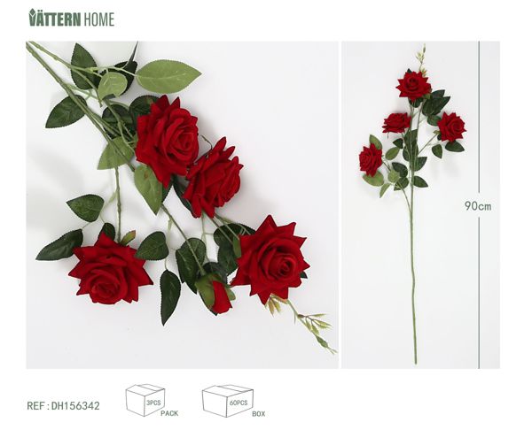 Flocado de poliéster 4 rosas grandes y una rosa pequeña de capullo 90CM rojo