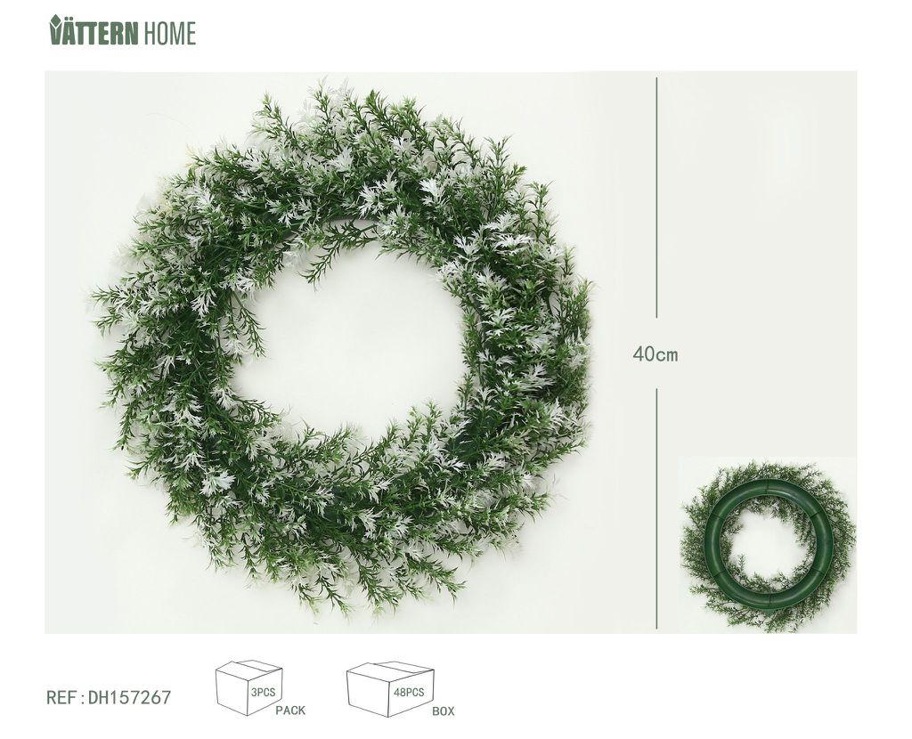 Anillo de césped de 40 cm de plástico verde + blanco, simulación de flores decorativas, interior, techo y otras escenas, hermosa colocación de poliéster