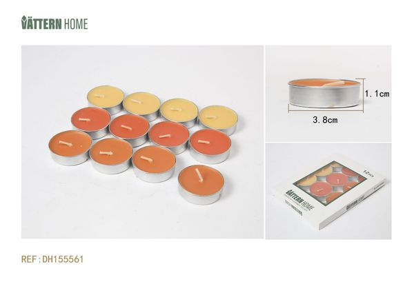 12 paquetes de velas de té de colores mezclados de 3,8 x 1,1 cm con sabor a limón (naranja) que arden durante 4 horas