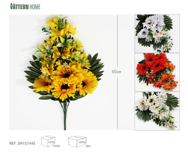 Rosa en abanico de 7 cabezas más eucalipto, amarillo, blanco crema, blanco puro, naranja, poliéster, plástico + alambre