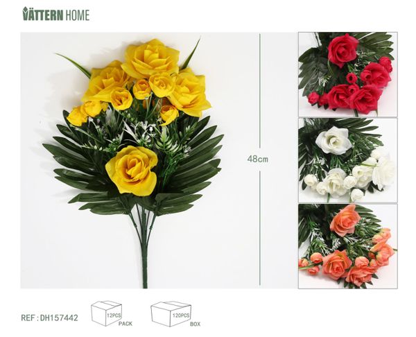 7 capullos de té de rosas en forma de abanico, 48 cm, color naranja salmón, amarillo, blanco lechoso, rojo rosa claro con poliéster, plástico + alambre