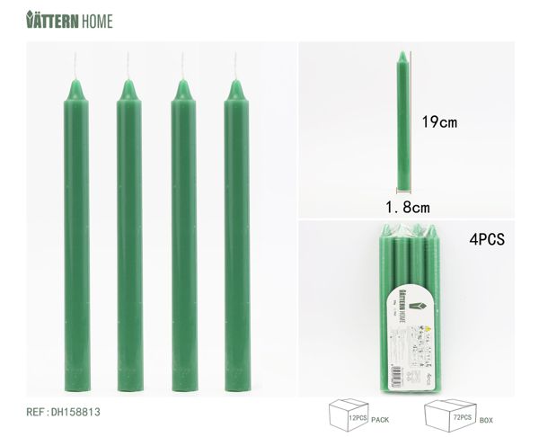 4 barras de cera de 1,8 x 19 cm, parafina verde, tiempo de combustión +7 horas, sin fragancia ni olor, aptas para cualquier ocasión.