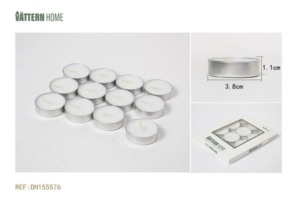 Paquete de 12 velas de té de 3,8 x 1,1 cm, de parafina sin aroma (blancas), que duran 4 horas