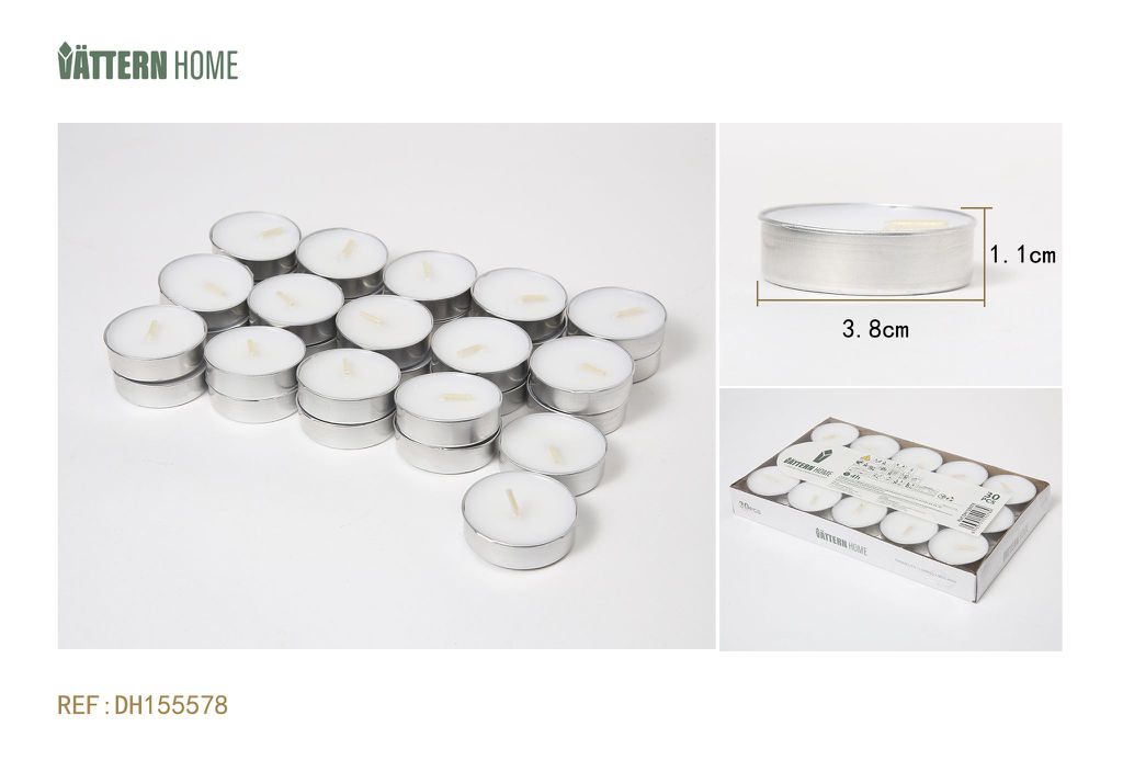 Paquete de 30 velas de té de 3,8 x 1,1 cm, de parafina sin aroma (blancas), que duran 4 horas
