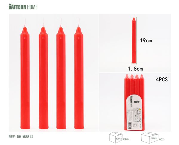 4 velas de 1,8 x 19 cm, de parafina roja, tiempo de combustión +7 horas, sin fragancia ni olor, adecuadas para cualquier ocasión.