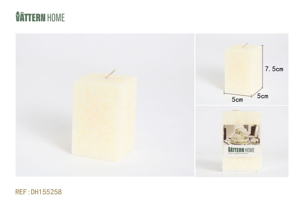 Vela cuadrada de 5 x 5 x 7,5 cm con aroma a crema de parafina (blanco lechoso) que arde durante 24 horas