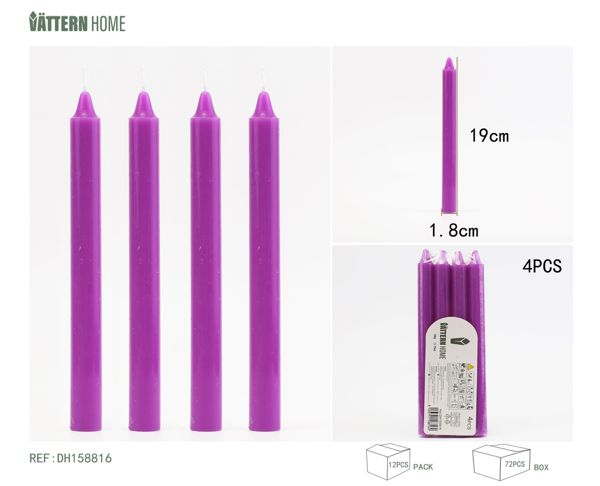 4 sticks of candles 1.8*19CM, paraffin purple, burning time +7 hours, no fragrance or odor, suitable for any occasion