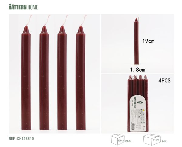 4 velas de 1,8 x 19 cm, de parafina de color rojo vino, tiempo de combustión +7 horas, sin fragancia ni olor, adecuadas para cualquier ocasión.