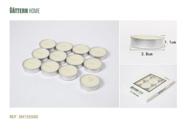 Paquete de 12 velas de té de 3,8 x 1,1 cm, de parafina sin aroma (blanco lechoso), que duran 4 horas