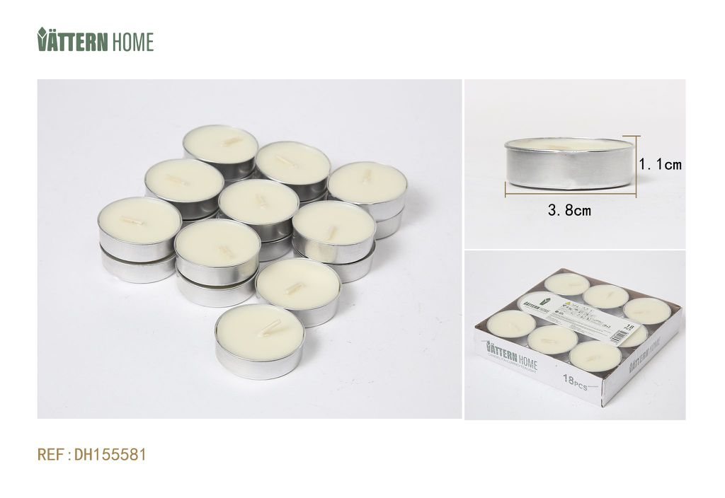 Paquete de 18 velas de té de 3,8 x 1,1 cm, de parafina sin aroma (blanco lechoso), que duran 4 horas