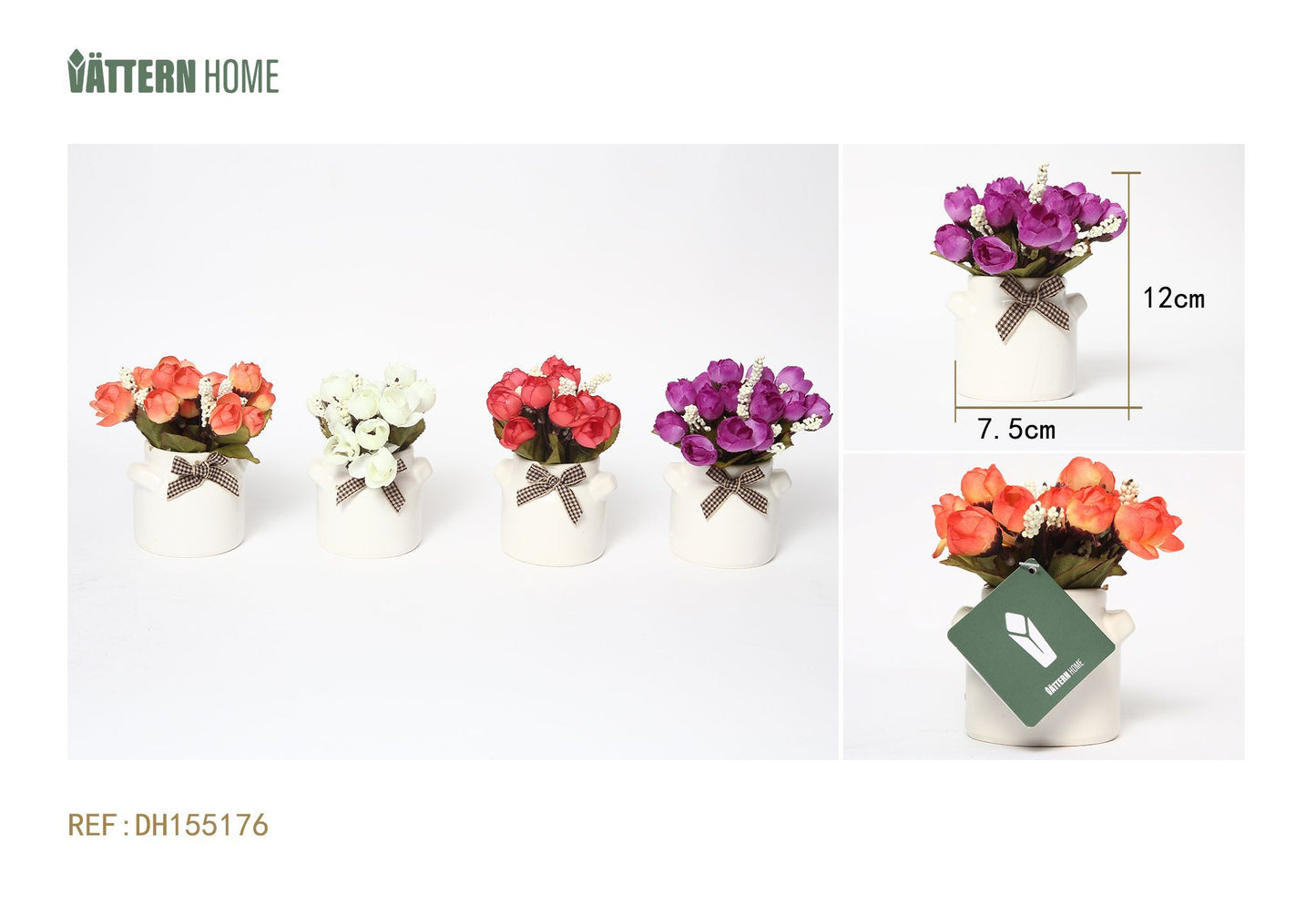 Paquete de cuatro macetas de cerámica con diseño de flores artificiales, 7,5 x 12 cm
