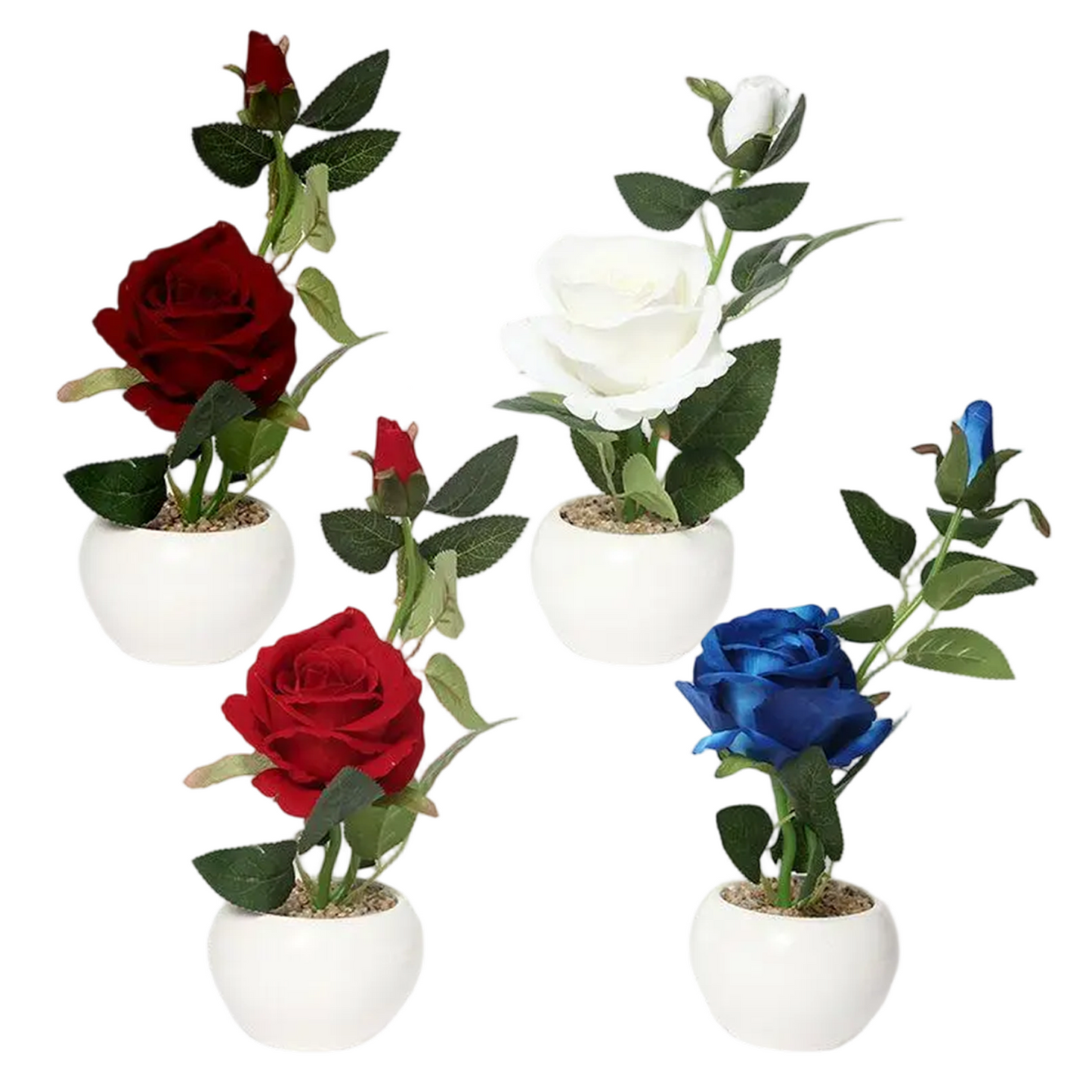 Plantas en maceta de 9 x 17 cm de color rojo brillante, azul, blanco y morado simuladas de color verde
