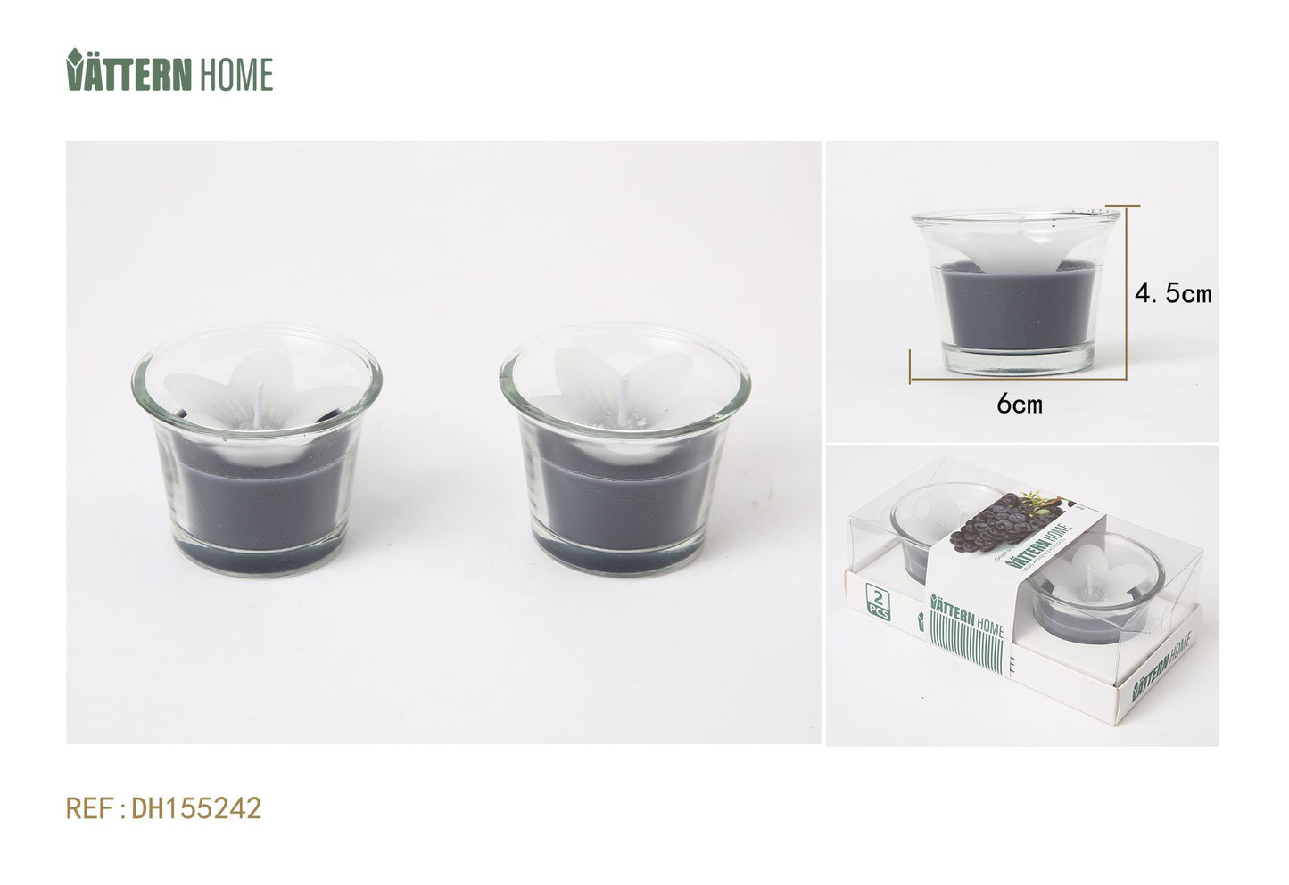 2 velas de taza de 6 x 4,5 cm de parafina con sabor a uva (negra) que arden durante 8 horas