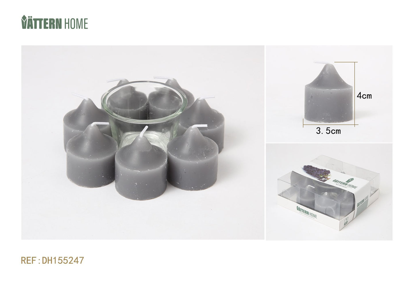 Juego de velas de aromaterapia (7 velas + 1 vaso) 3,5*4 cm, parafina, sabor a uva (gris oscuro), que arde durante 3 horas