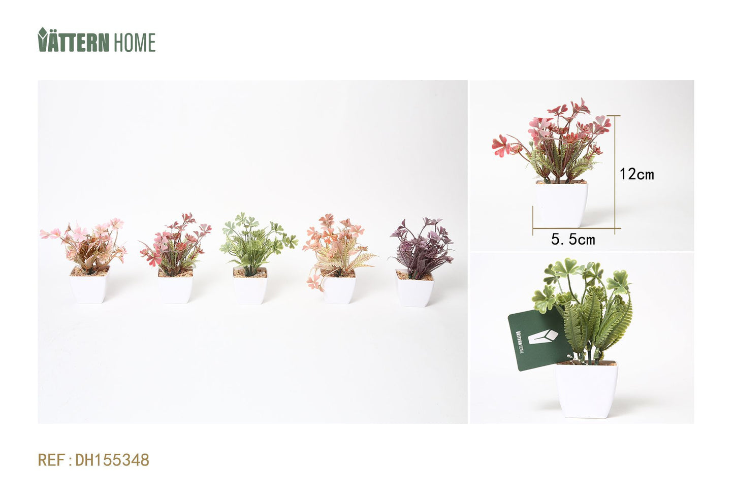 Serie de flores y plantas de 5,5 x 5,5 x 12 cm, plantas verdes artificiales de plástico, simulación en maceta, adornos creativos, decoración.
