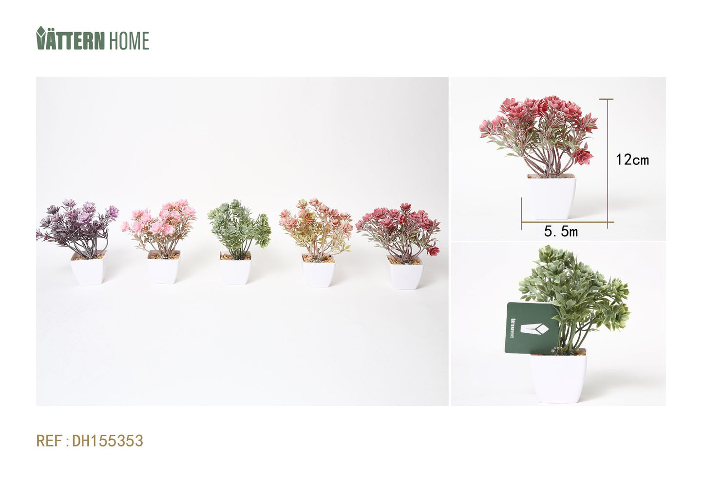 Serie de flores y plantas de 5,5 x 5,5 x 12 cm, plantas verdes artificiales de plástico, simulación en maceta, adornos creativos, decoración.