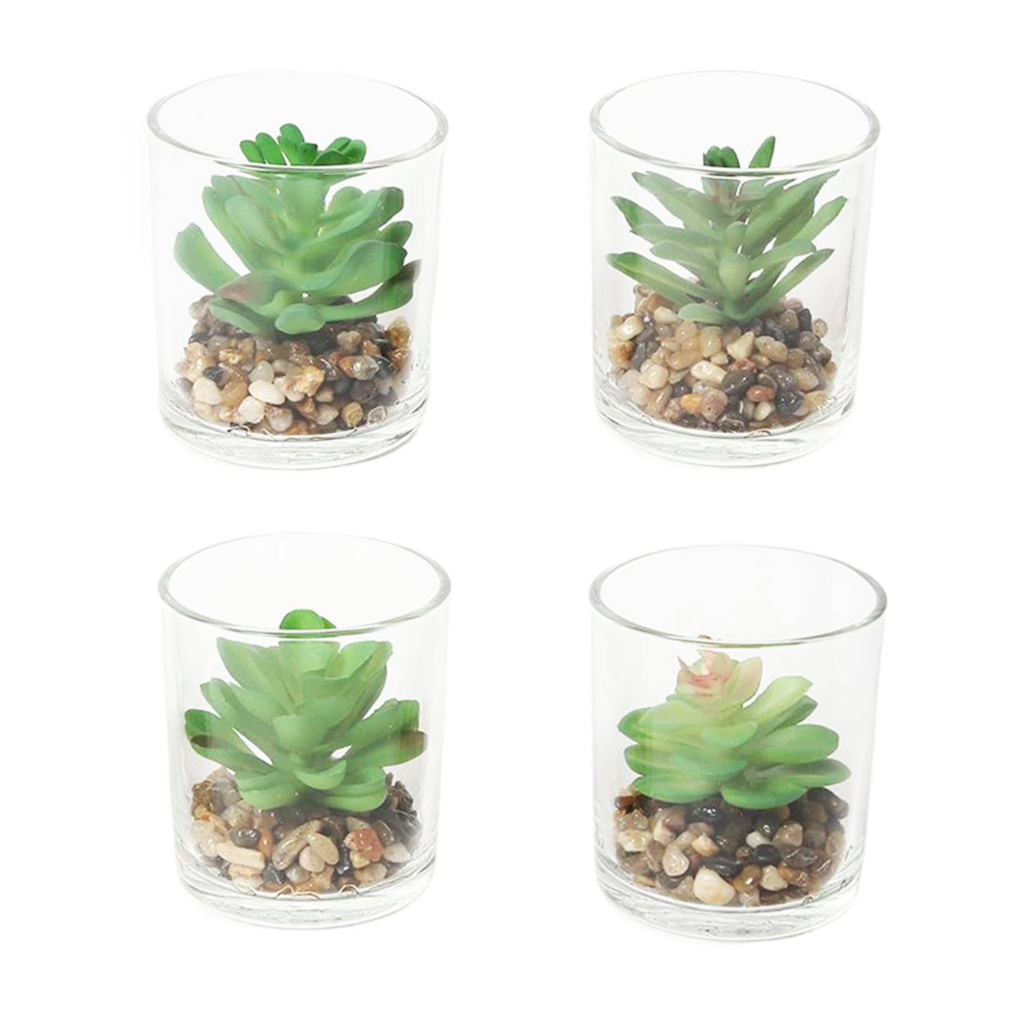Paquete de 4 macetas de vidrio con diseño de plantas artificiales, 7 x 7 x 7,8 cm, serie verde