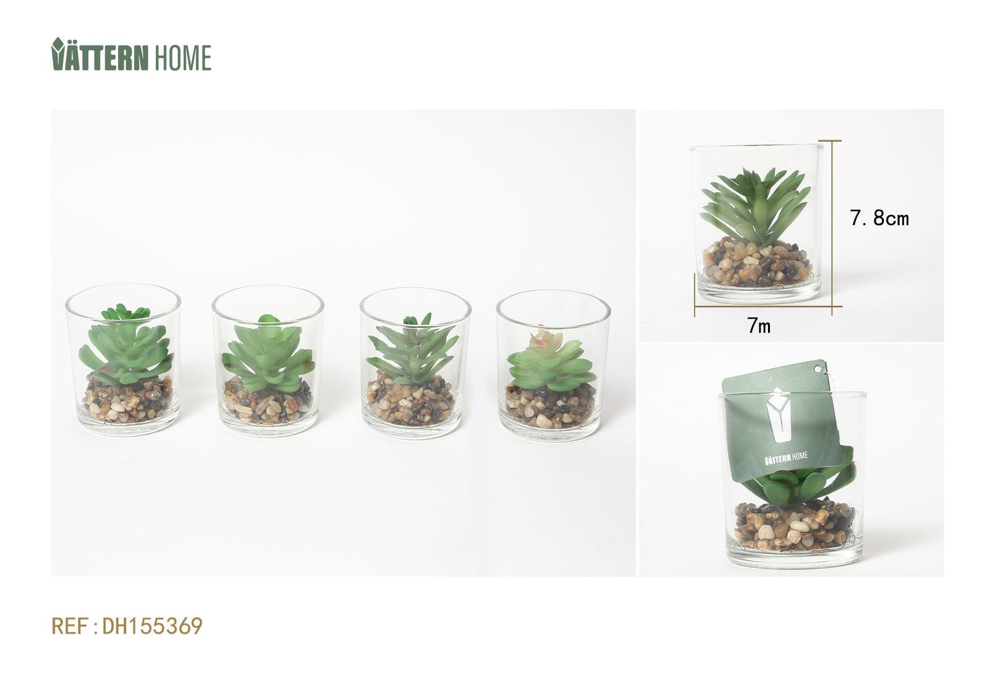 Paquete de 4 macetas de vidrio con diseño de plantas artificiales, 7 x 7 x 7,8 cm, serie verde
