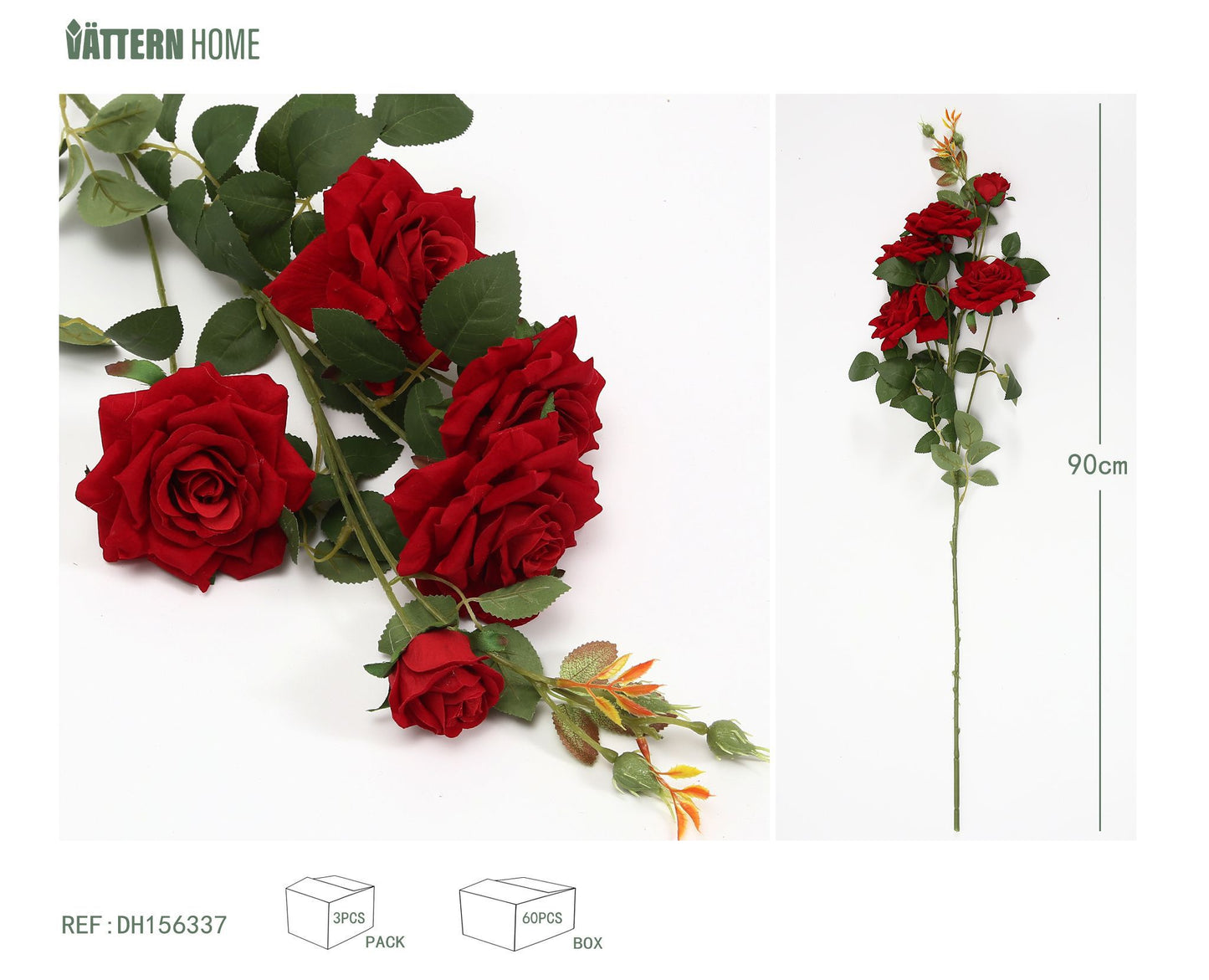 Flocado de poliéster 4 rosas grandes y una rosa pequeña de capullo 90CM rojo