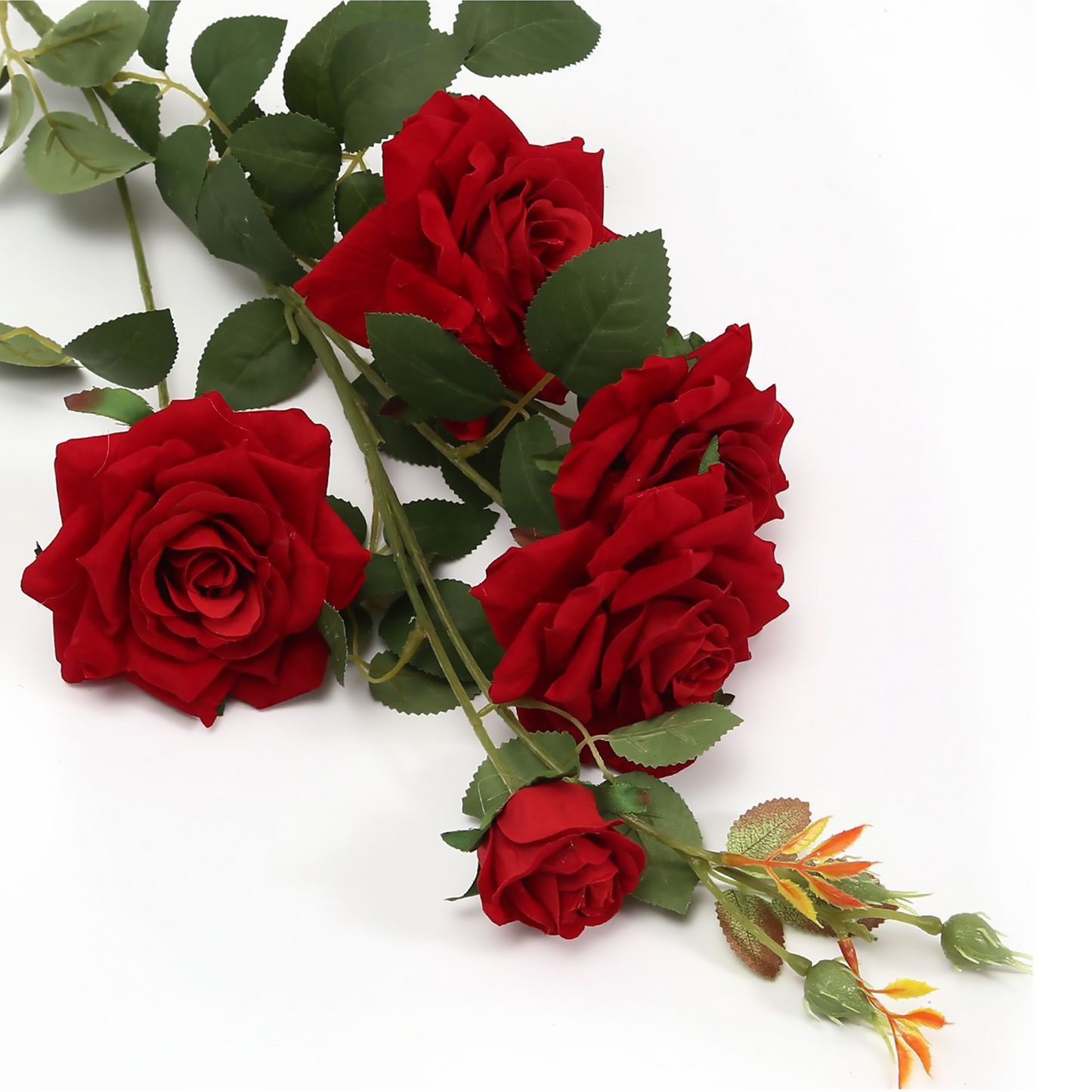 Flocado de poliéster 4 rosas grandes y una rosa pequeña de capullo 90CM rojo