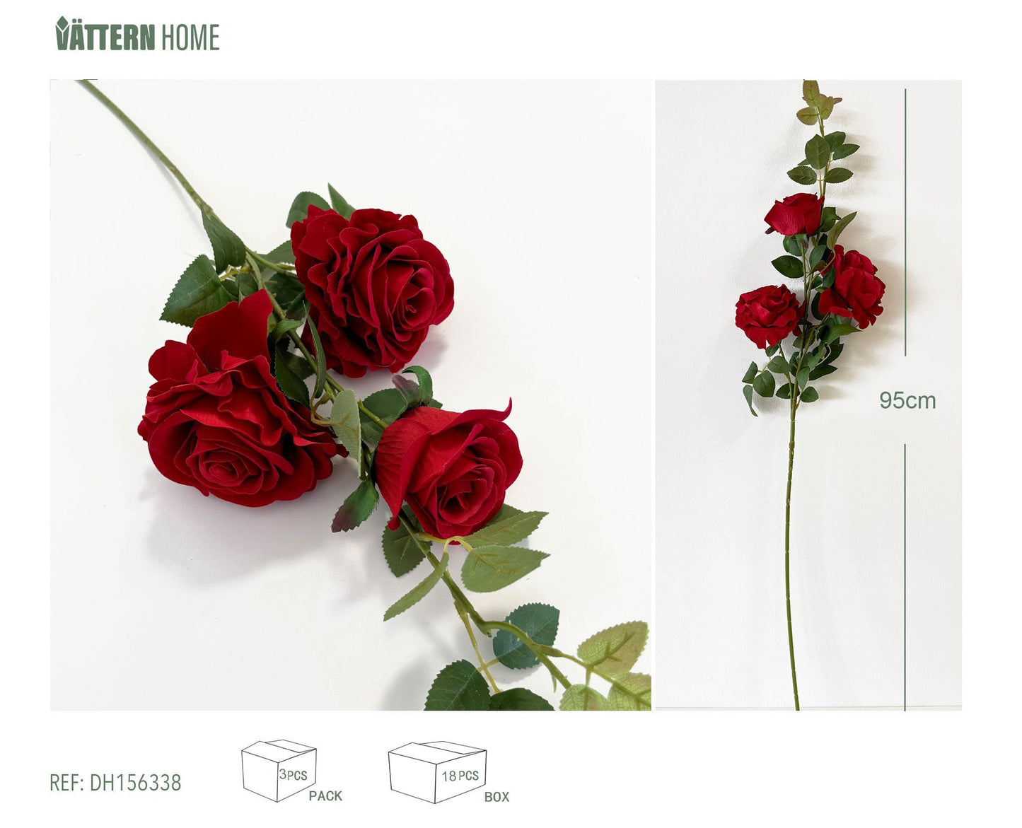 Flocado de poliéster 2 rosas grandes 1 capullo de rosa pequeño 95CM rojo