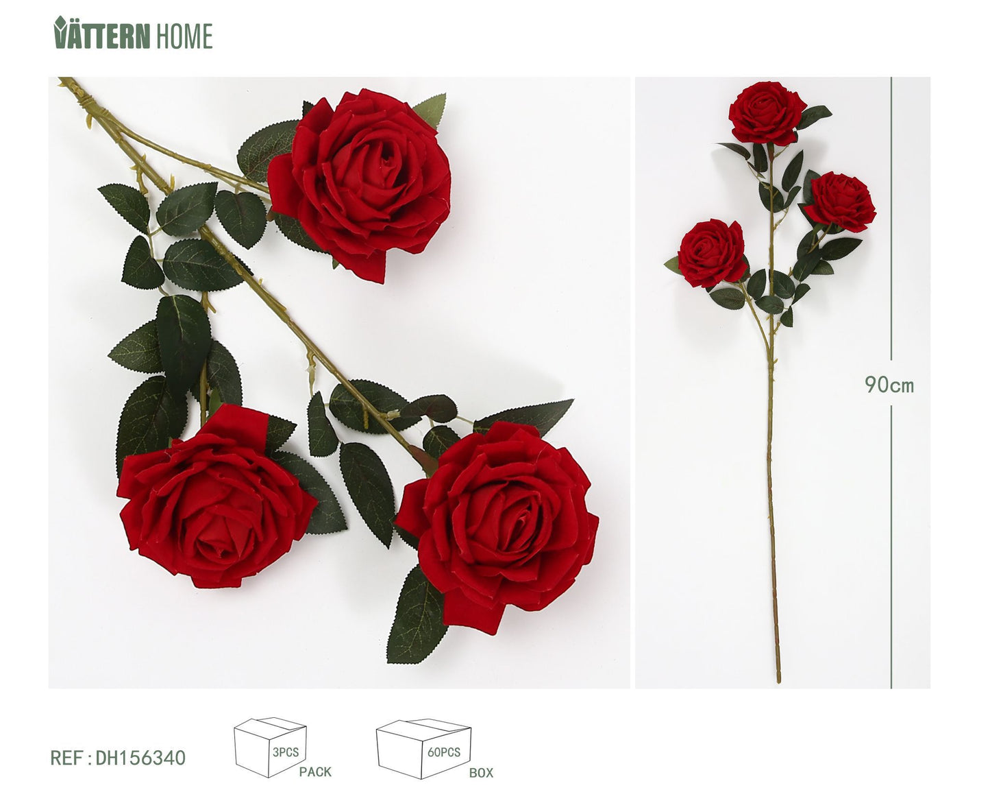 Flocado de poliéster 3 rosas grandes 90CM rojo