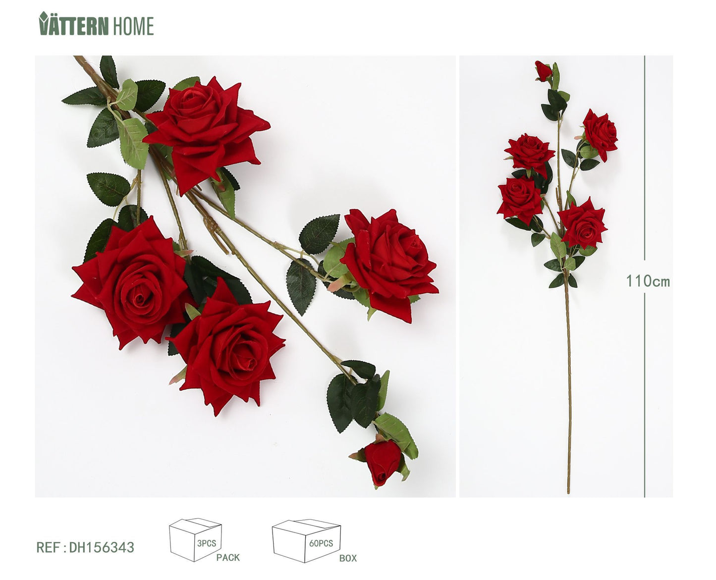 Flocado de poliéster 4 rosas grandes y una rosa pequeña de capullo rizado 110CM rojo