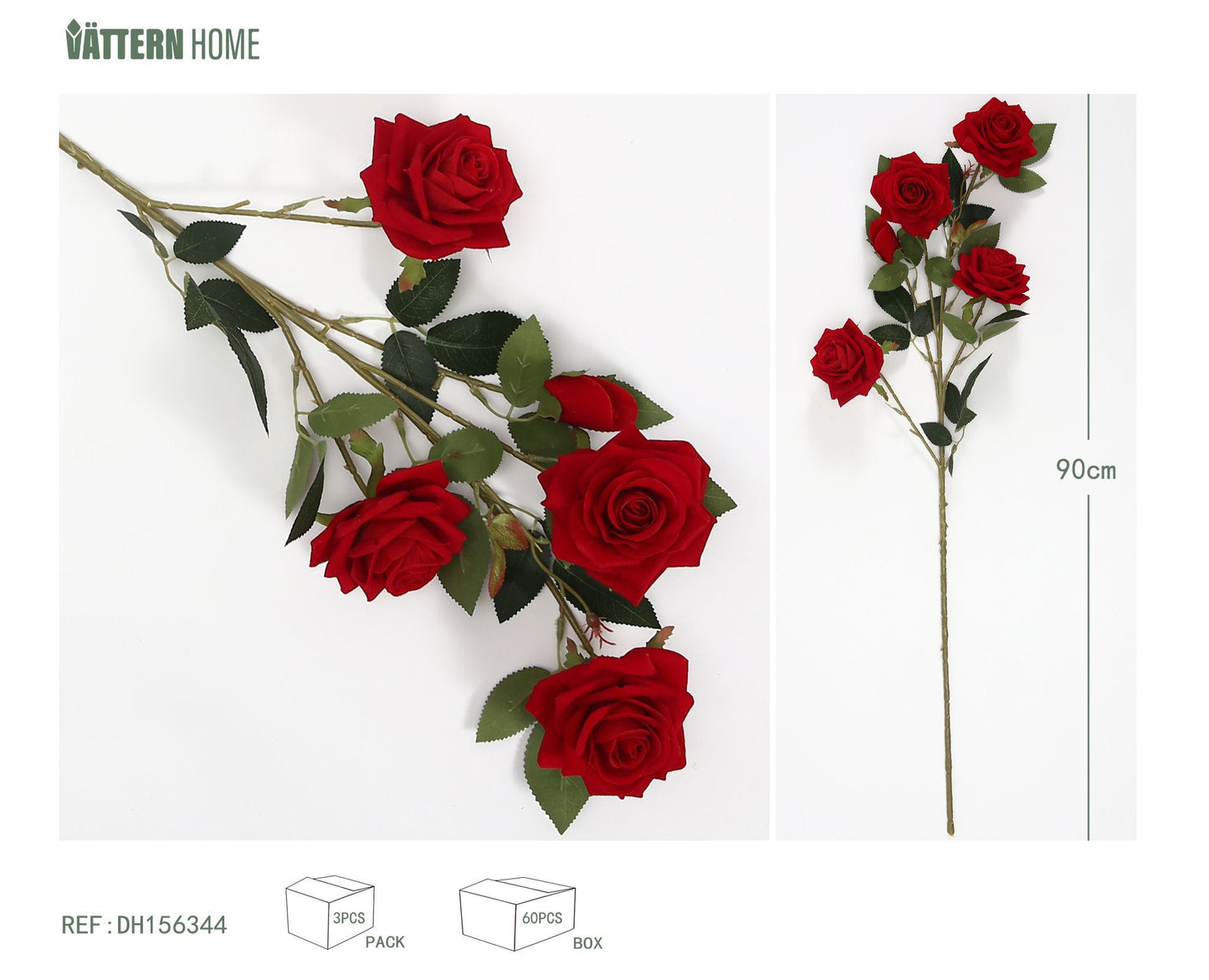 Flocado de poliéster 4 rosas grandes y una rosa pequeña de capullo rizado 90CM rojo