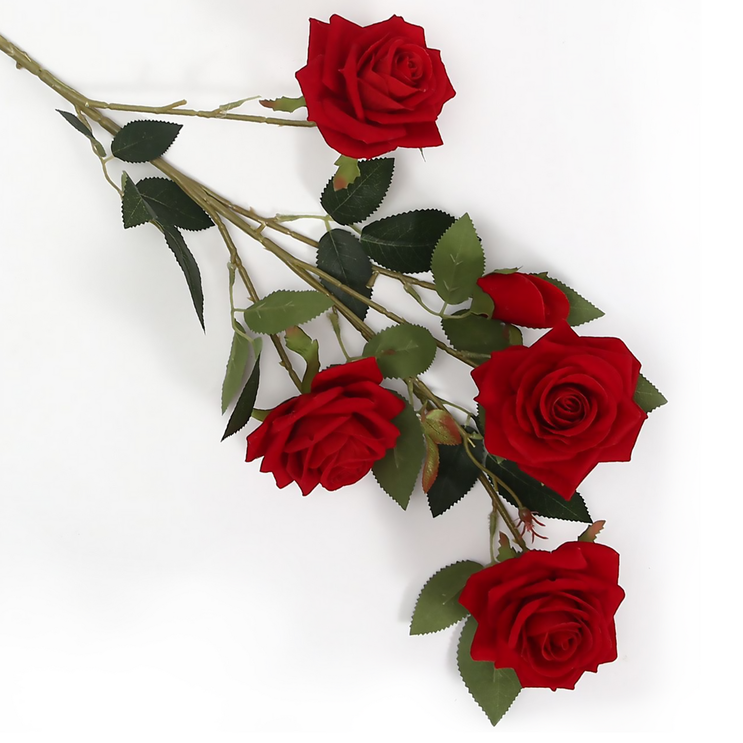 Flocado de poliéster 4 rosas grandes y una rosa pequeña de capullo rizado 90CM rojo
